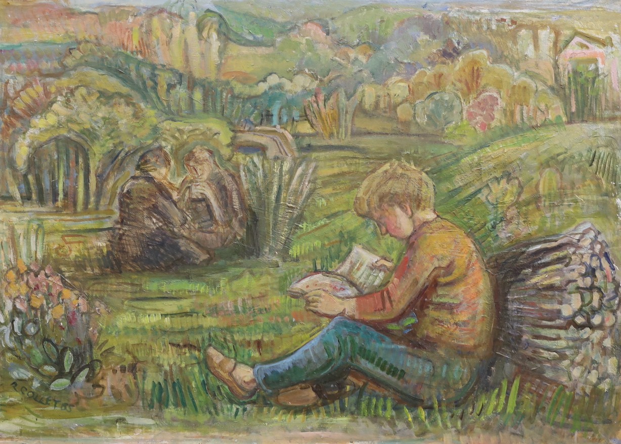 Ruth Isabelle Collet (1909-2001), oil on board, Boy reading in a landscape, signed and dated '85, 55 x 77cm, unframed